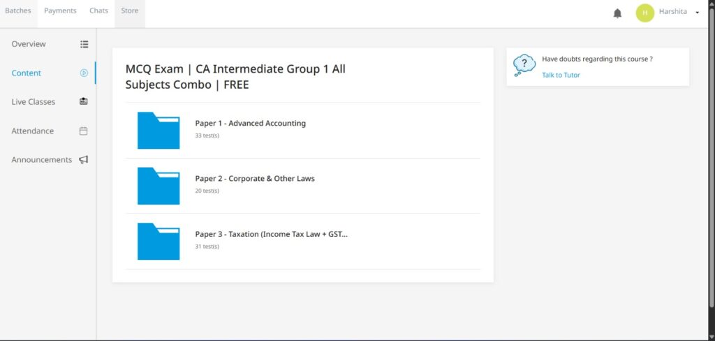 CA Intermediate test series-Online test Simple Dashboard